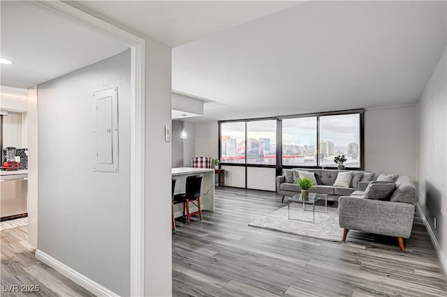 205 E Harmon Ave Unit 1010, Las Vegas, NV 89169 - living area featuring a city view, wood finished floors, baseboards, and electric panel