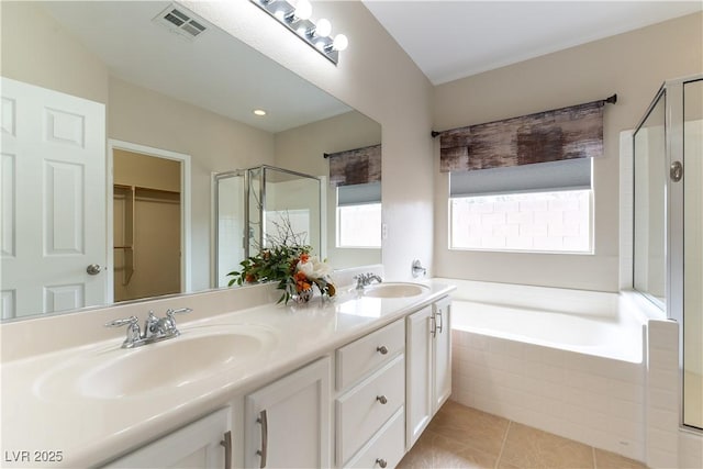 full bathroom with a sink, visible vents, and a stall shower