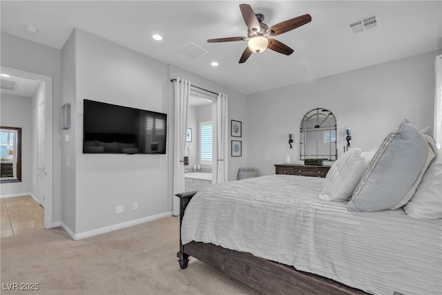 bedroom with visible vents, light carpet, recessed lighting, baseboards, and ceiling fan