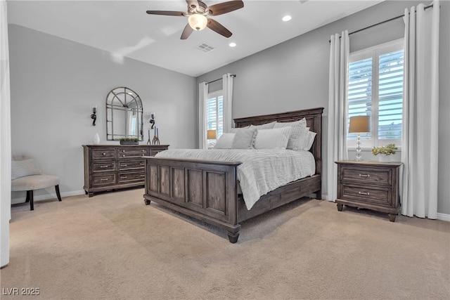 bedroom featuring visible vents, baseboards, ceiling fan, light carpet, and recessed lighting