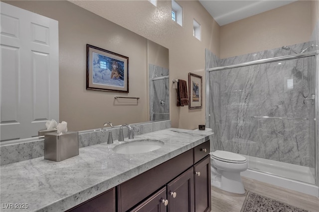 full bathroom with a marble finish shower, toilet, and vanity