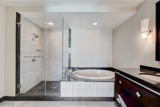 full bathroom with a garden tub, a stall shower, recessed lighting, tile patterned flooring, and vanity