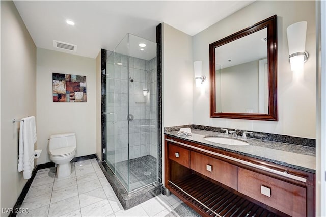 full bath with visible vents, a shower stall, toilet, tile patterned floors, and vanity