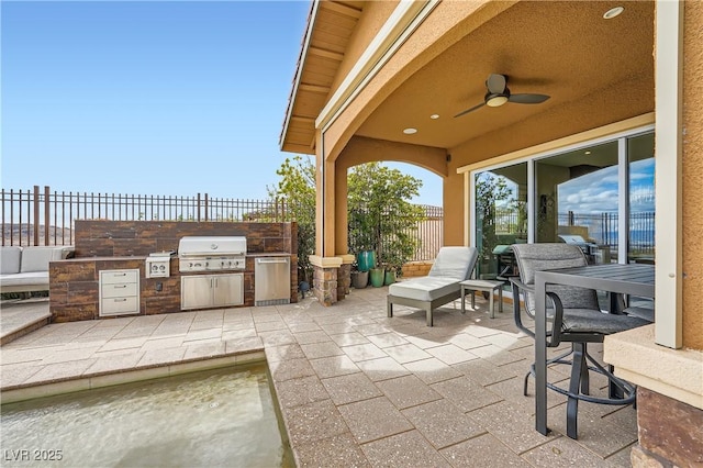 view of patio / terrace featuring a ceiling fan, area for grilling, fence, and a grill