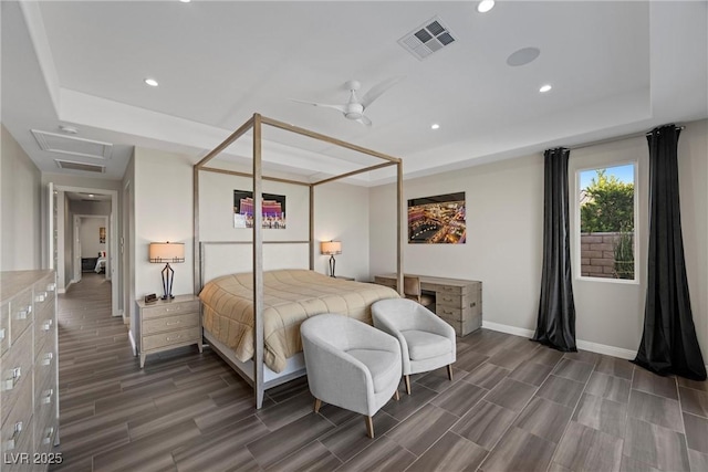 294 Besame Ct, Las Vegas, NV 89138 - bedroom featuring visible vents, baseboards, wood finish floors, and a tray ceiling