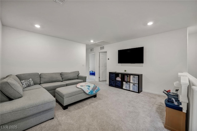living room featuring visible vents, recessed lighting, and carpet floors