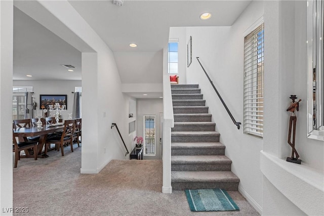 staircase featuring carpet flooring, recessed lighting, and baseboards