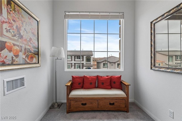 living area with visible vents, carpet, and baseboards