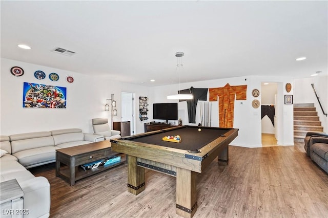 rec room with billiards, recessed lighting, wood finished floors, and visible vents