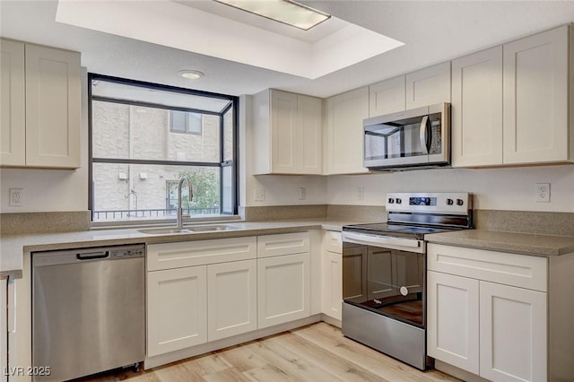 kitchen with light wood-style flooring, appliances with stainless steel finishes, and a sink