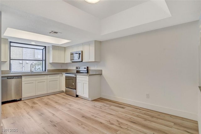 kitchen with visible vents, a raised ceiling, appliances with stainless steel finishes, light wood finished floors, and baseboards