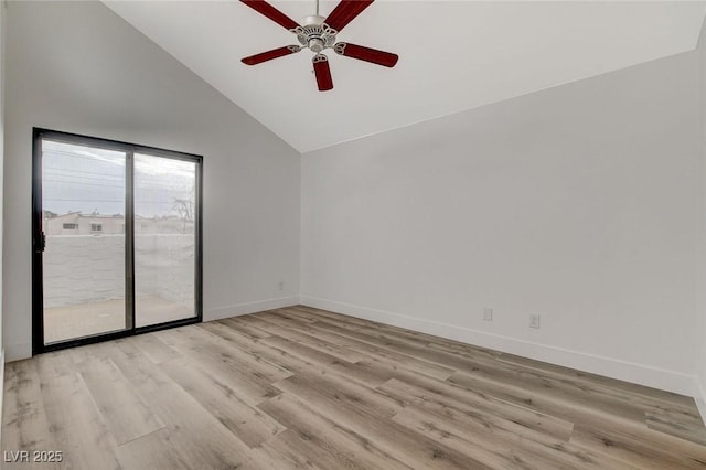 spare room featuring baseboards, high vaulted ceiling, a ceiling fan, and light wood finished floors