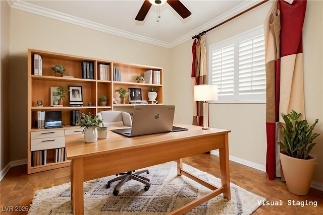 office space featuring baseboards, crown molding, ceiling fan, and wood finished floors