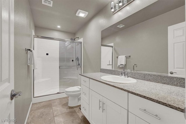 full bath featuring vanity, a shower stall, toilet, and visible vents