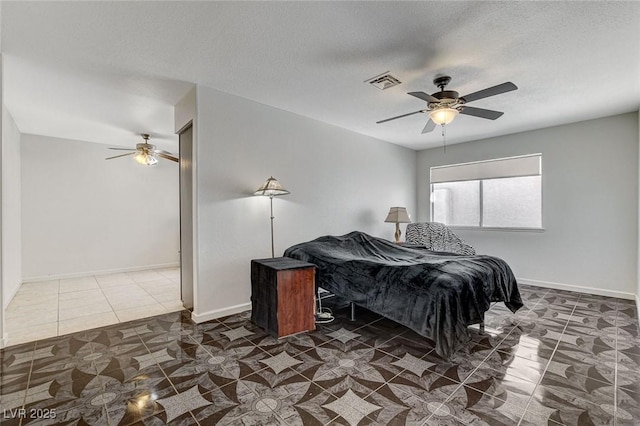 bedroom featuring baseboards, visible vents, a textured ceiling, and a ceiling fan