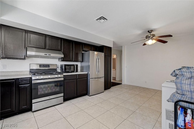 kitchen featuring visible vents, under cabinet range hood, light countertops, stainless steel appliances, and a ceiling fan