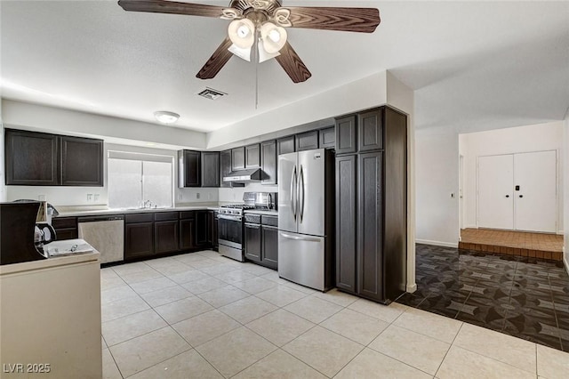 kitchen with visible vents, ceiling fan, light countertops, under cabinet range hood, and appliances with stainless steel finishes