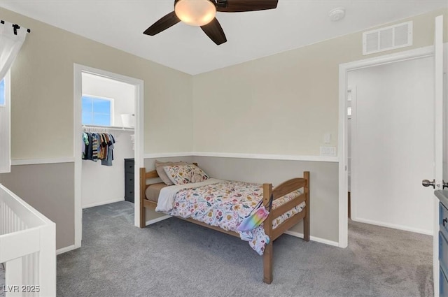 carpeted bedroom with visible vents, a walk in closet, baseboards, a closet, and a ceiling fan