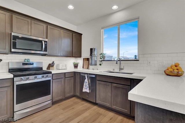 kitchen featuring light wood-style flooring, a sink, backsplash, appliances with stainless steel finishes, and dark brown cabinets