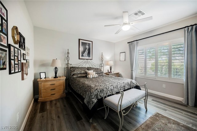 bedroom with visible vents, ceiling fan, baseboards, and wood finished floors