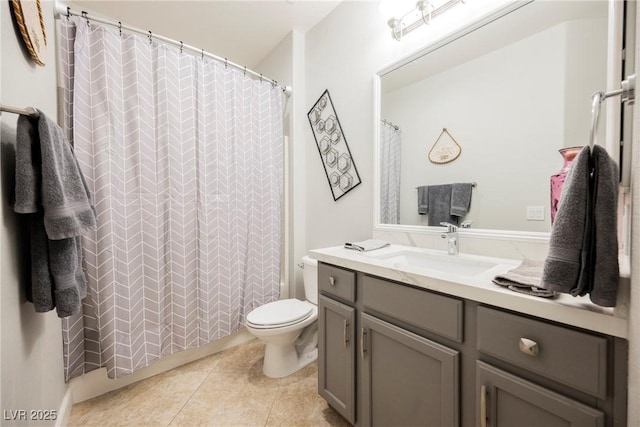 bathroom with vanity, a shower with shower curtain, toilet, and tile patterned flooring