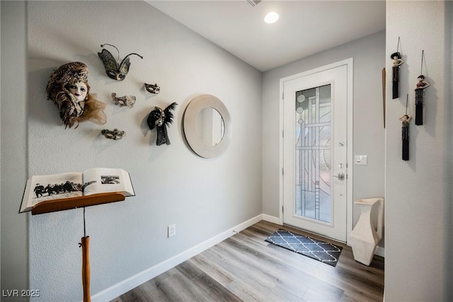 entrance foyer with baseboards and wood finished floors