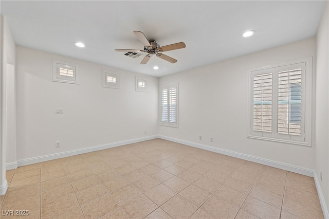 empty room featuring visible vents, baseboards, ceiling fan, light tile patterned floors, and recessed lighting