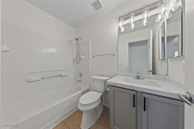 bathroom with vanity, visible vents, tile patterned flooring, shower / bathing tub combination, and toilet