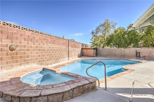 view of swimming pool with a fenced in pool, an in ground hot tub, and a fenced backyard