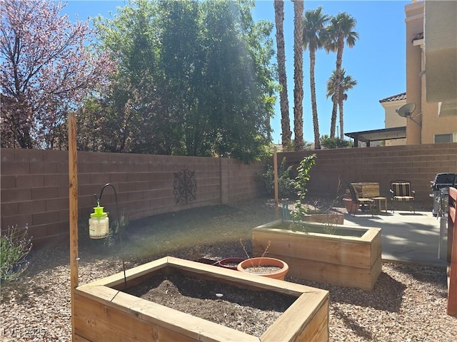 view of yard with a patio area, a garden, and a fenced backyard