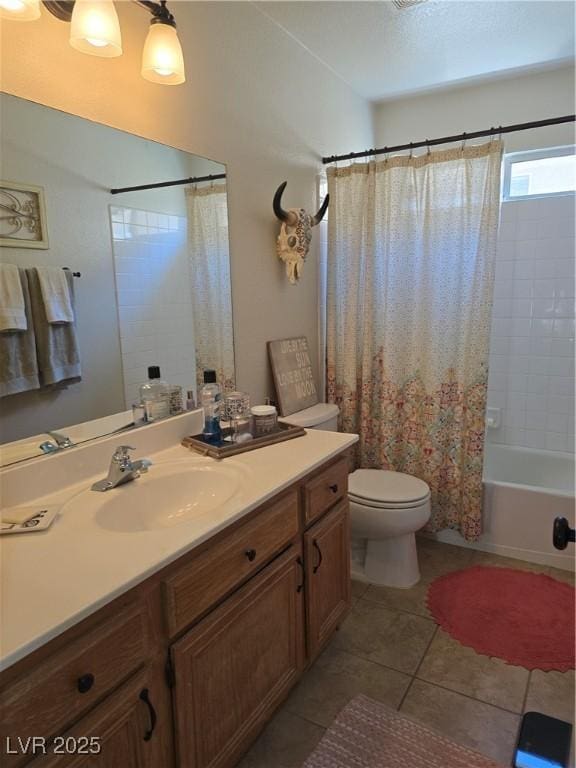 full bathroom with toilet, shower / tub combo with curtain, vanity, and tile patterned flooring