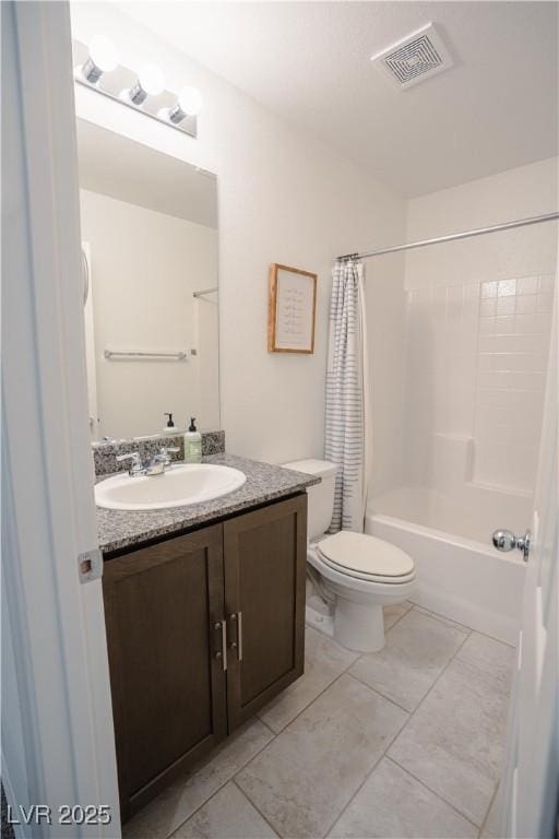 full bath with vanity, shower / tub combo, toilet, and visible vents