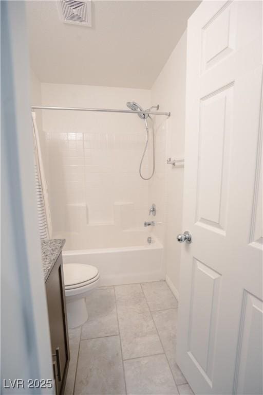 bathroom with tile patterned floors, visible vents, toilet, shower / bath combination, and vanity