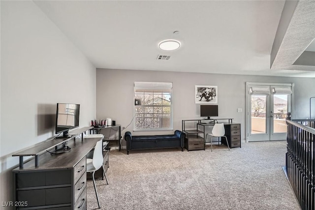 carpeted home office featuring a healthy amount of sunlight and visible vents