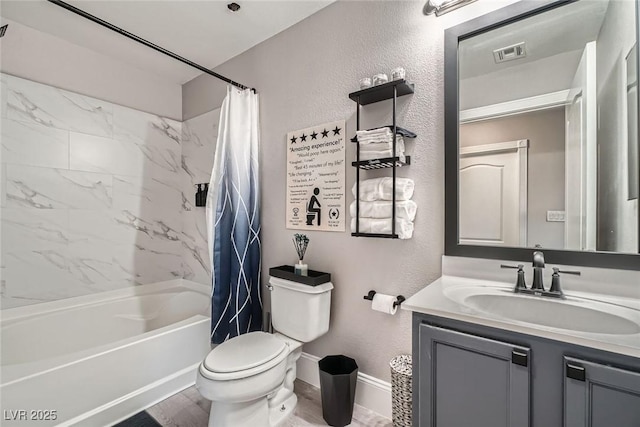 bathroom with visible vents, shower / bathtub combination with curtain, toilet, baseboards, and vanity