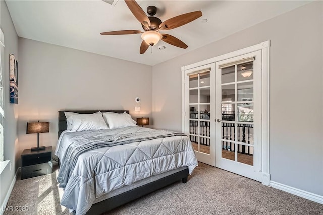 bedroom with baseboards, ceiling fan, and carpet flooring