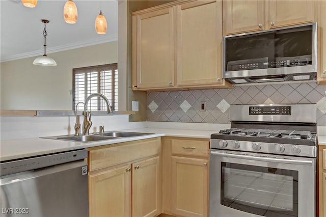 kitchen featuring ornamental molding, light brown cabinetry, a sink, tasteful backsplash, and appliances with stainless steel finishes