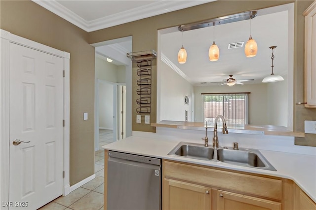 kitchen with visible vents, a ceiling fan, a sink, stainless steel dishwasher, and crown molding