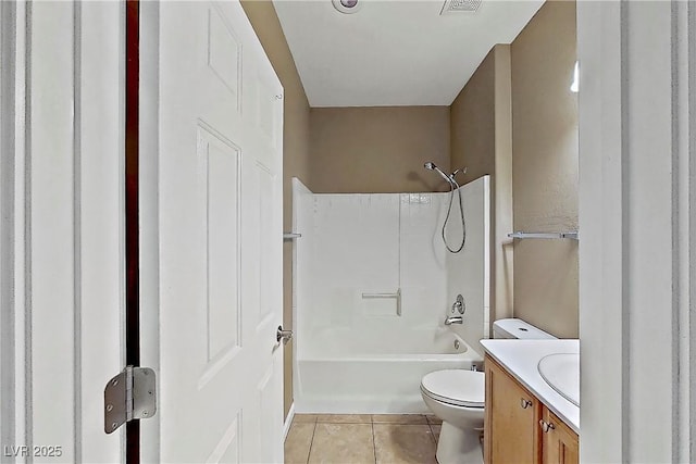 bathroom with toilet, bathtub / shower combination, vanity, and tile patterned flooring