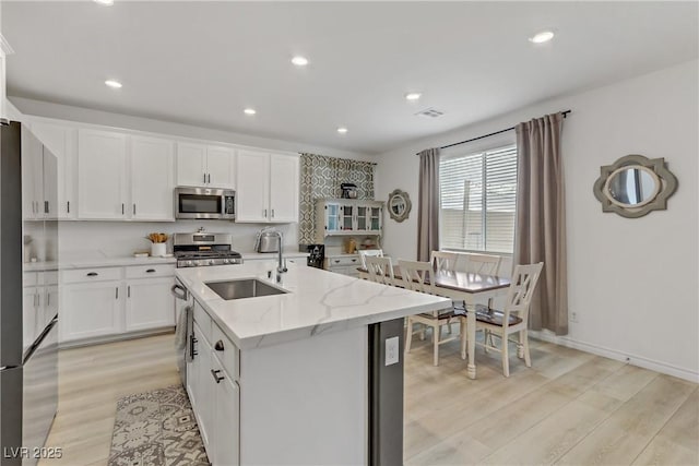 kitchen with visible vents, light wood-style flooring, a sink, appliances with stainless steel finishes, and white cabinets