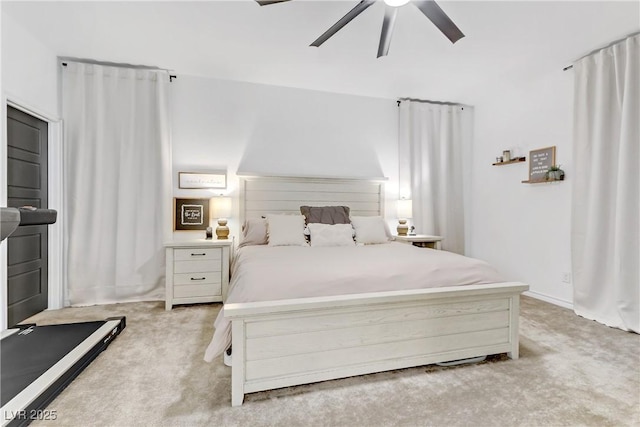 bedroom with light colored carpet and ceiling fan