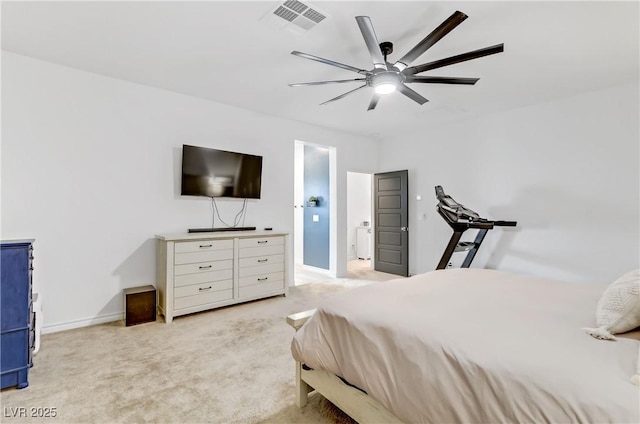 bedroom featuring light carpet, visible vents, a ceiling fan, and baseboards