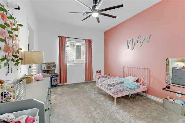 bedroom with visible vents, ceiling fan, baseboards, and carpet