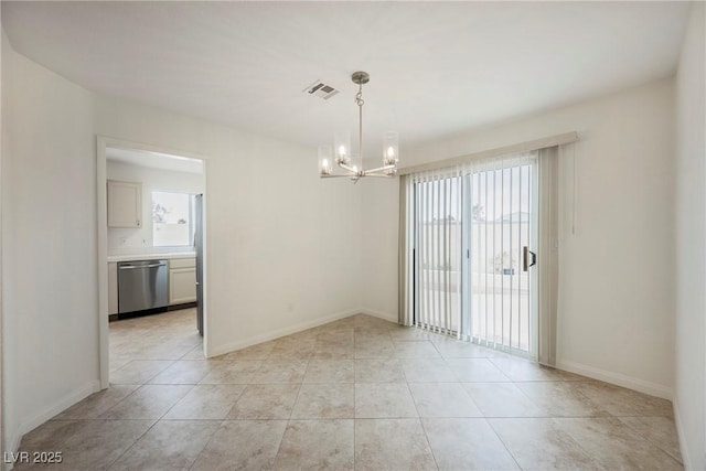 spare room featuring a chandelier, visible vents, baseboards, and light tile patterned floors