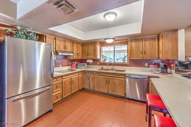 10615 Rancho Destino Rd, Las Vegas, NV 89183 - kitchen featuring visible vents, stainless steel appliances, a raised ceiling, and a sink