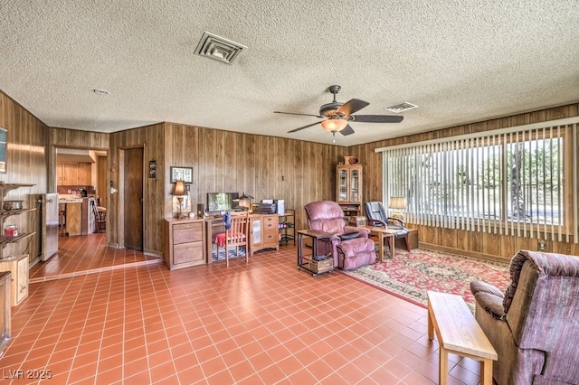 10615 Rancho Destino Rd, Las Vegas, NV 89183 - living area with wooden walls, visible vents, and a ceiling fan
