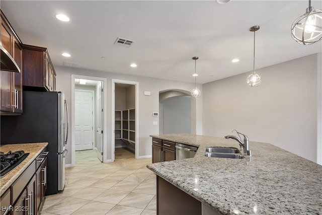 kitchen with visible vents, light stone countertops, black gas cooktop, recessed lighting, and a sink