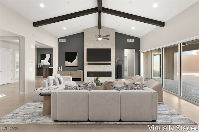 living area featuring beam ceiling, plenty of natural light, visible vents, and high vaulted ceiling