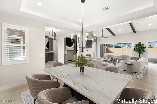 dining area featuring visible vents, baseboards, recessed lighting, beamed ceiling, and ceiling fan with notable chandelier