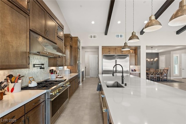 kitchen featuring pendant lighting, under cabinet range hood, a sink, tasteful backsplash, and high end appliances